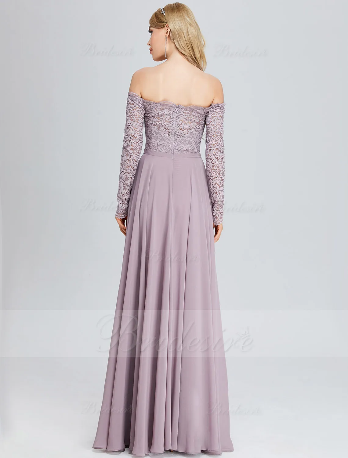A-Linie Carmen-Ausschnitt Bodenlang Chiffon Abendkleid mit Schlitz Vorn