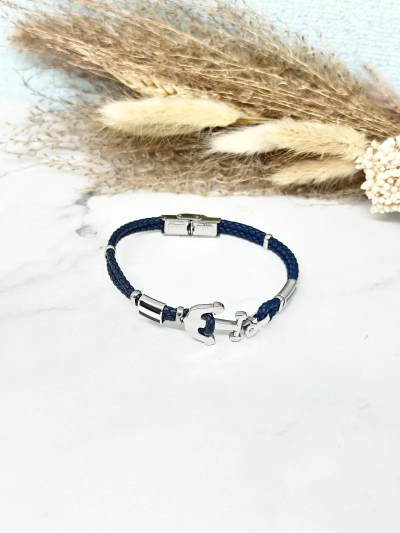 Armband aus Leder und Edelstahl mit Meeresankermuster