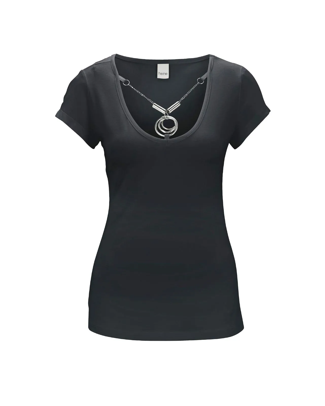 Damen Shirt Oberteil Jerseyshirt mit  Schmuckkette, schwarz