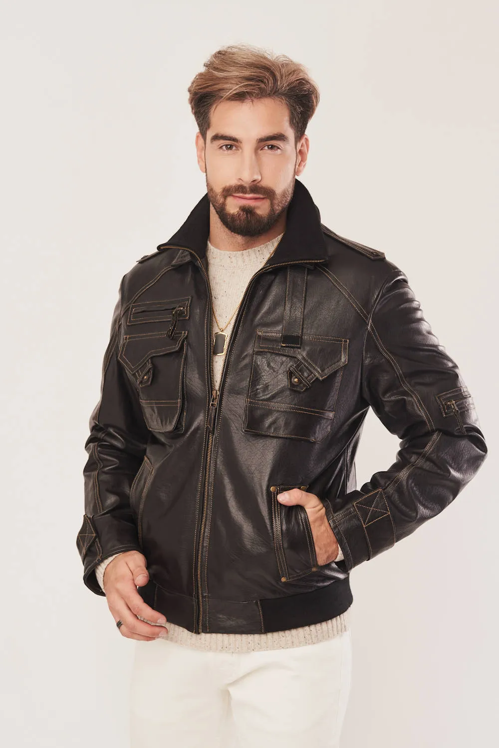 Herren Lederjacke mit Reißverschluss schwarz, Top Gun