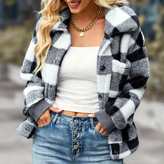 kariertes Fleece-Jack mit Reverskragen und langen Ärmeln